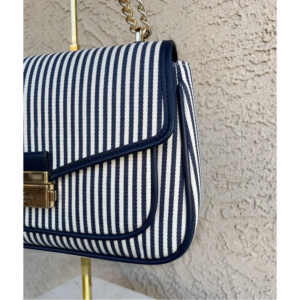 KATE SPADE Blue & White Striped Carey Medium Flap Striped Crossbody Shoulder Bag